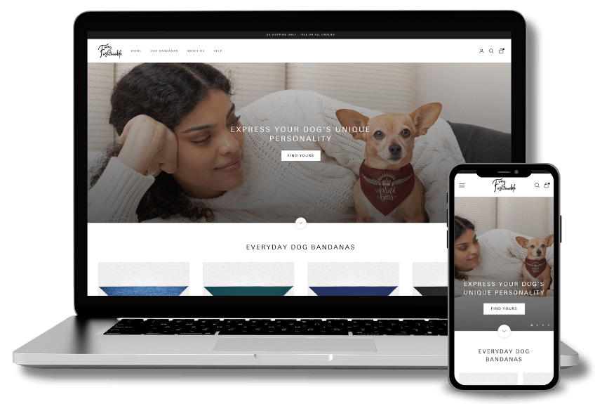Laptop and mobile view of a responsive ecommerce website selling pet products.